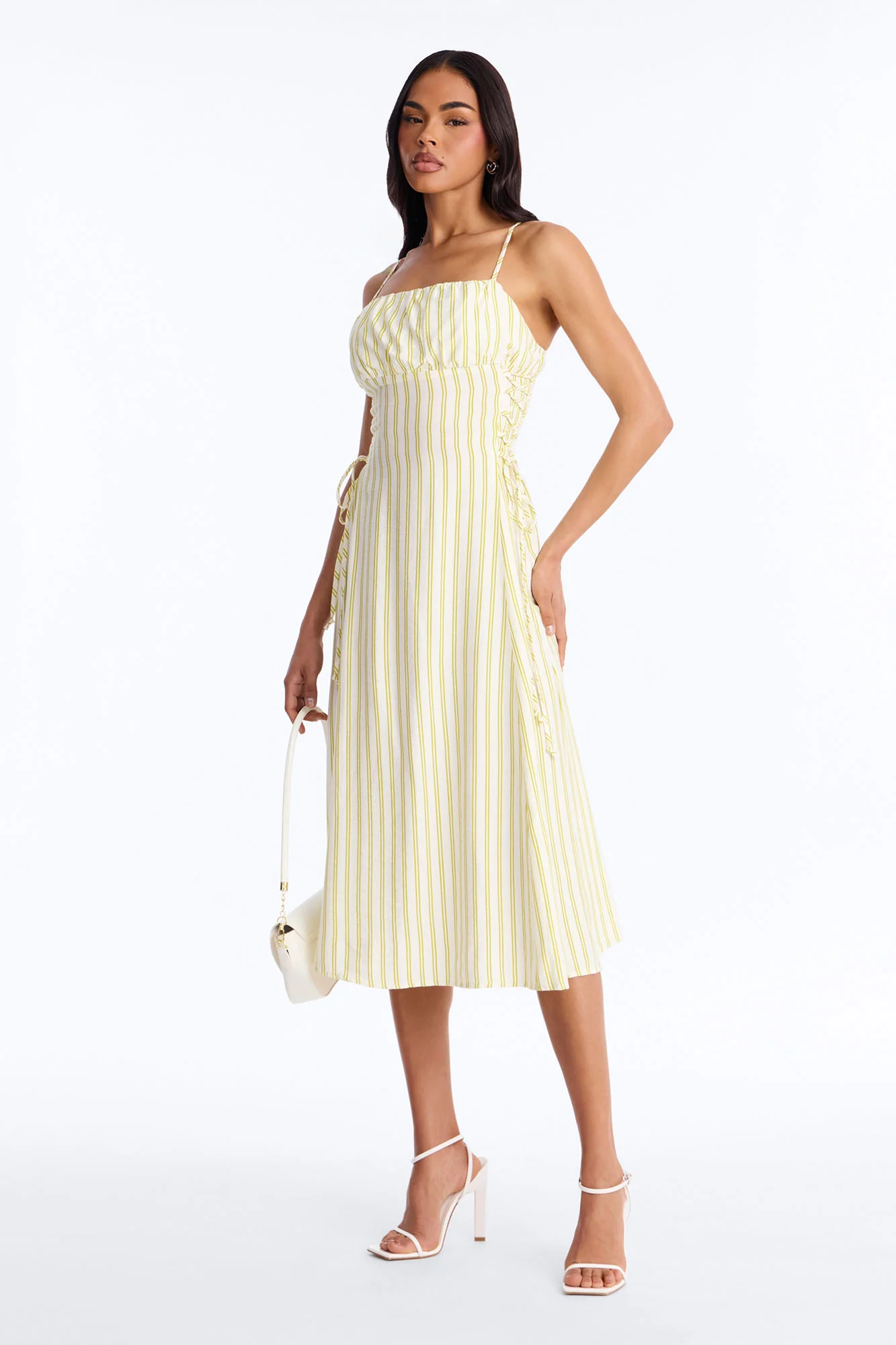 Claire Lace Up Pinstripe Midi Dress - Sage/combo
