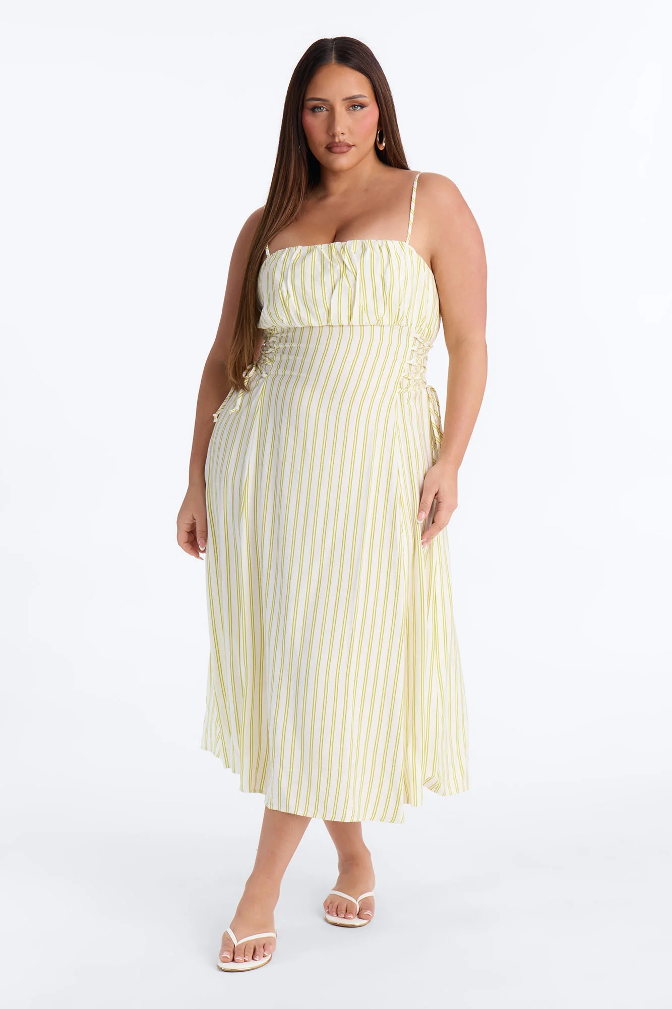 Claire Lace Up Pinstripe Midi Dress - Sage/combo - Image 5