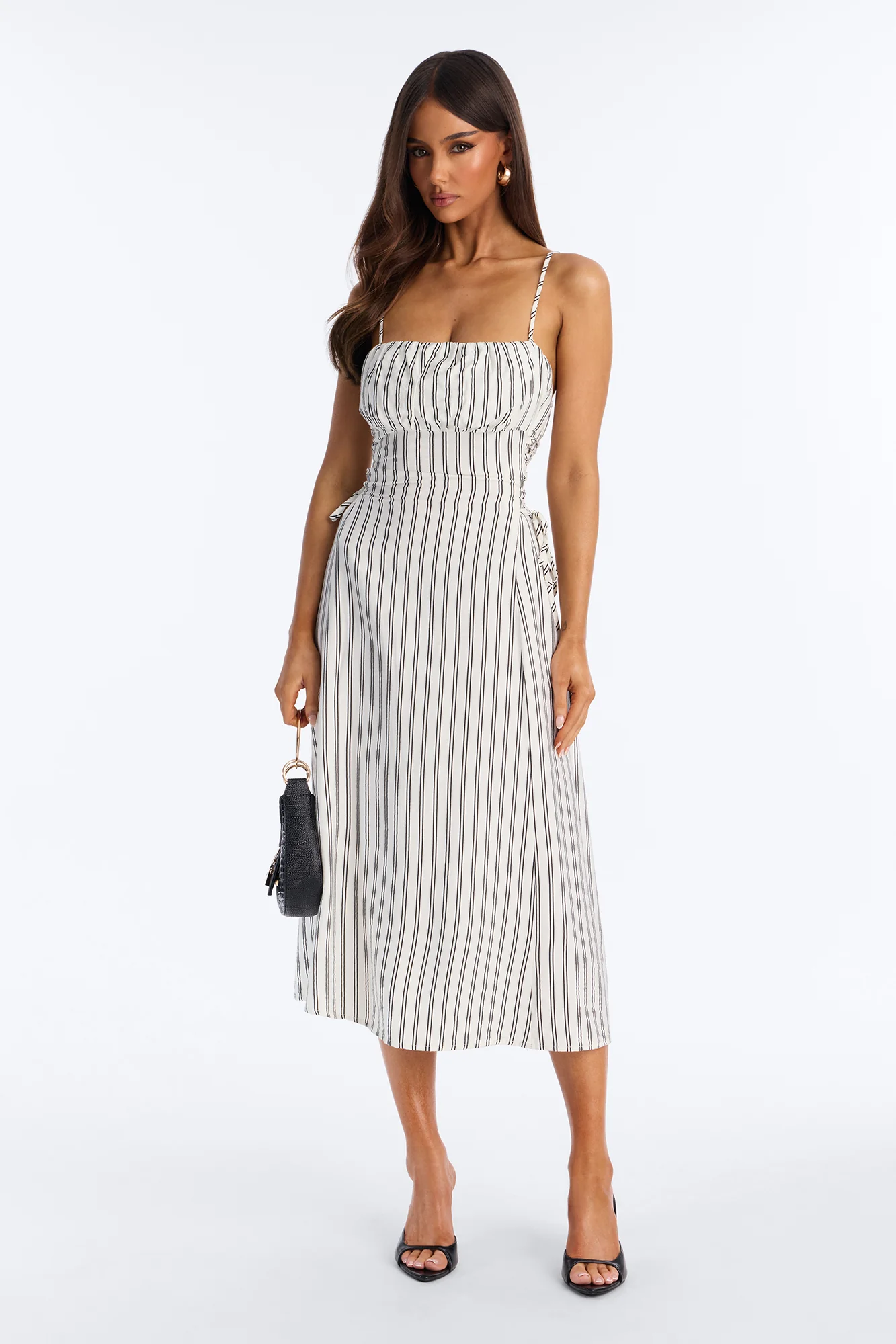 Claire Lace Up Pinstripe Midi Dress - White/combo