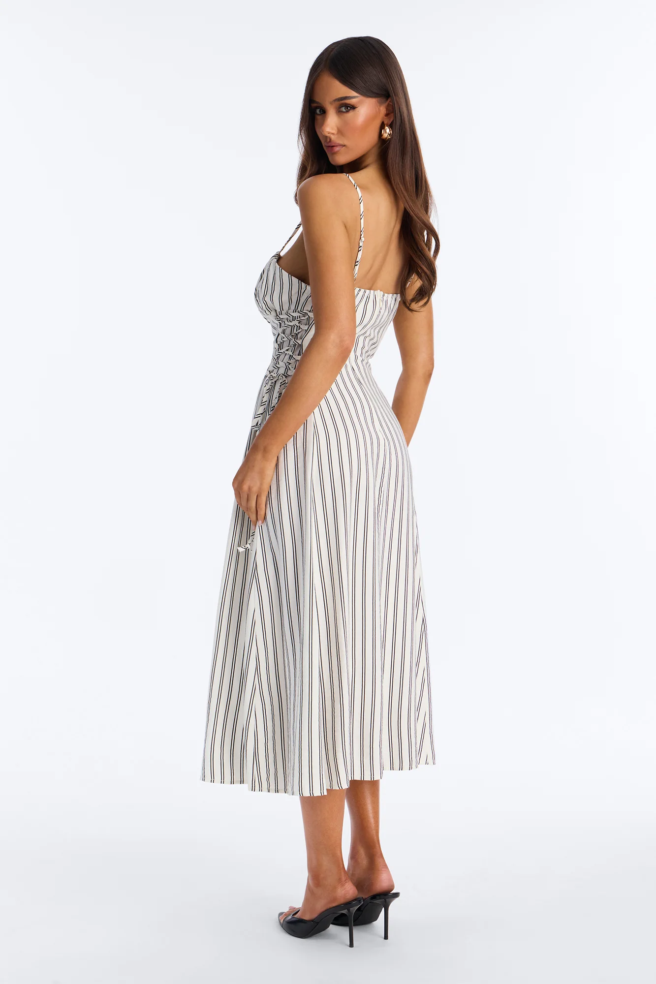 Claire Lace Up Pinstripe Midi Dress - White/combo - Image 4