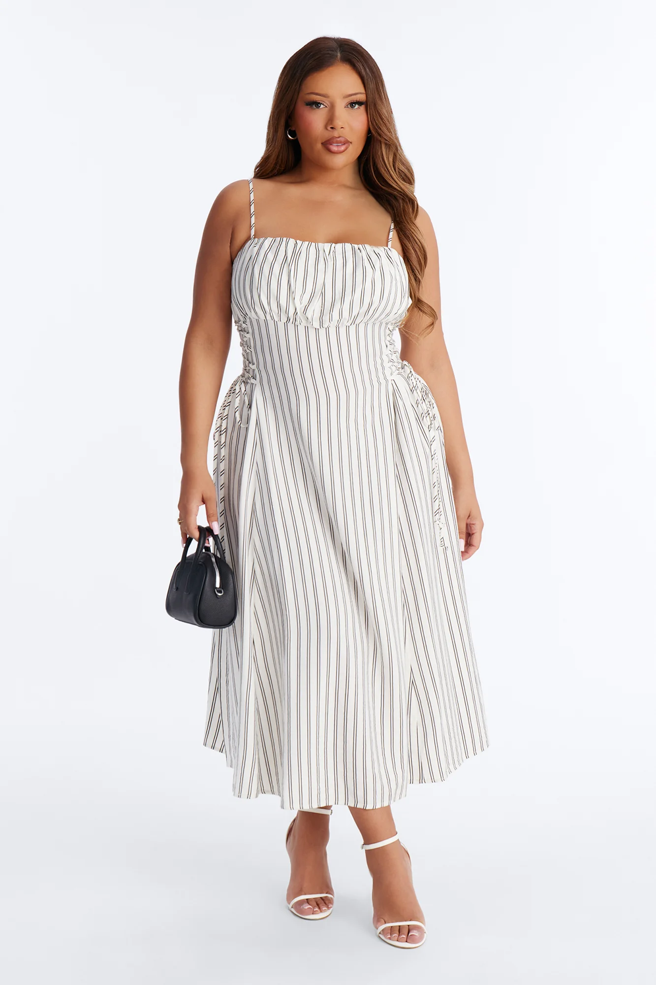 Claire Lace Up Pinstripe Midi Dress - White/combo - Image 5