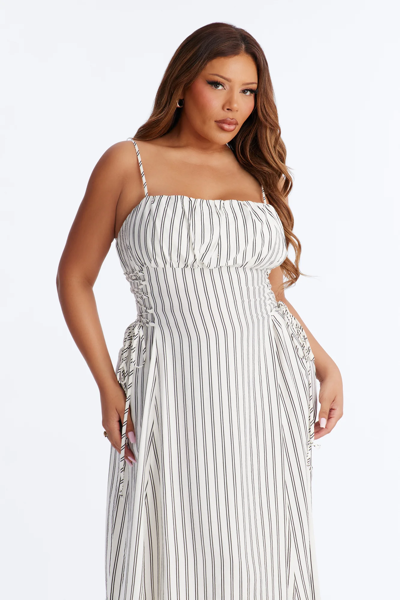 Claire Lace Up Pinstripe Midi Dress - White/combo - Image 6