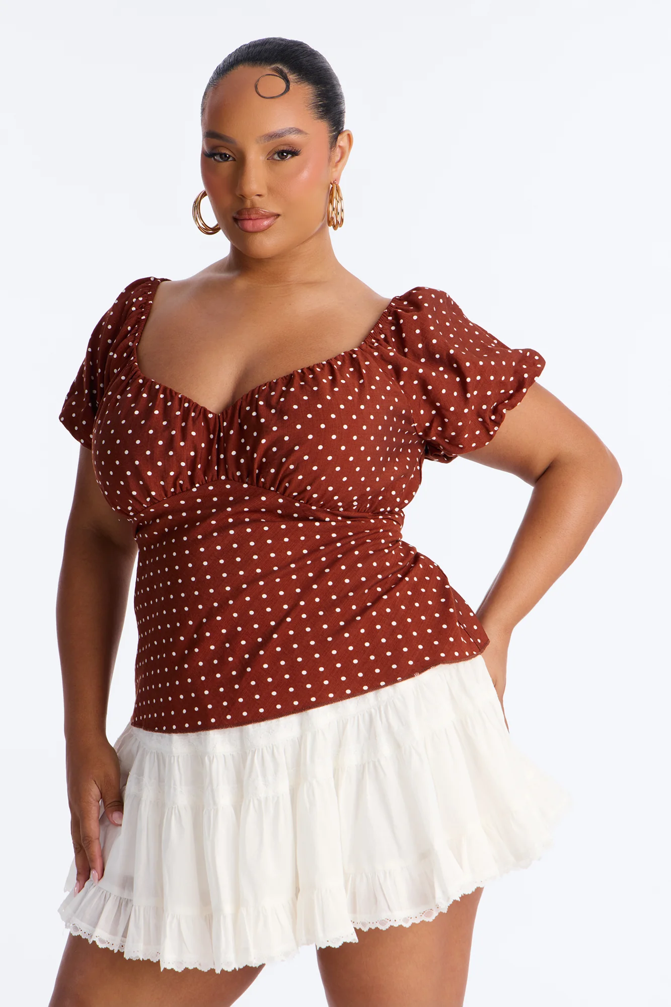 Clancy Polka Dot Babydoll Top - Brown Combo - Image 6
