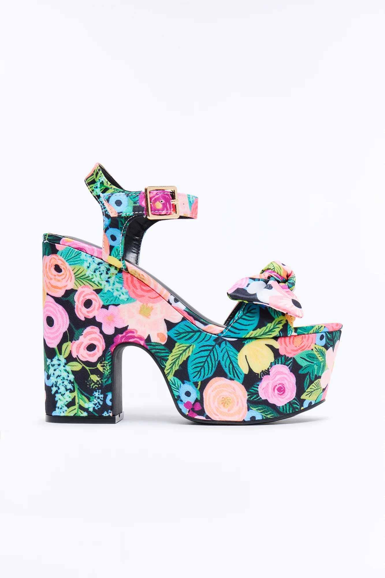 Clara Floral Print Satin Platform Heels - Black/Pink