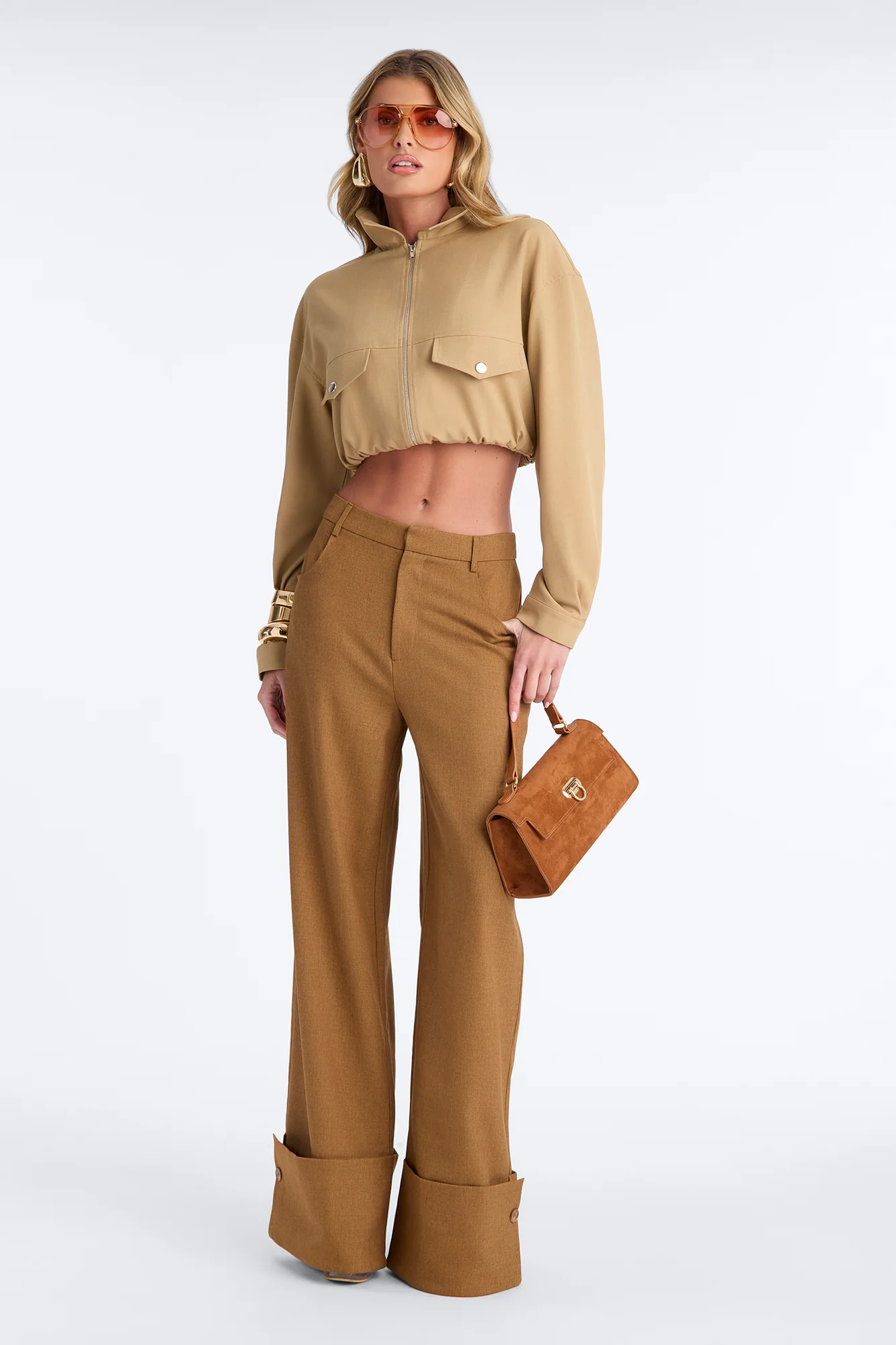 Clara High Rise Wide Leg Cuffed Trouser Pant - Brown