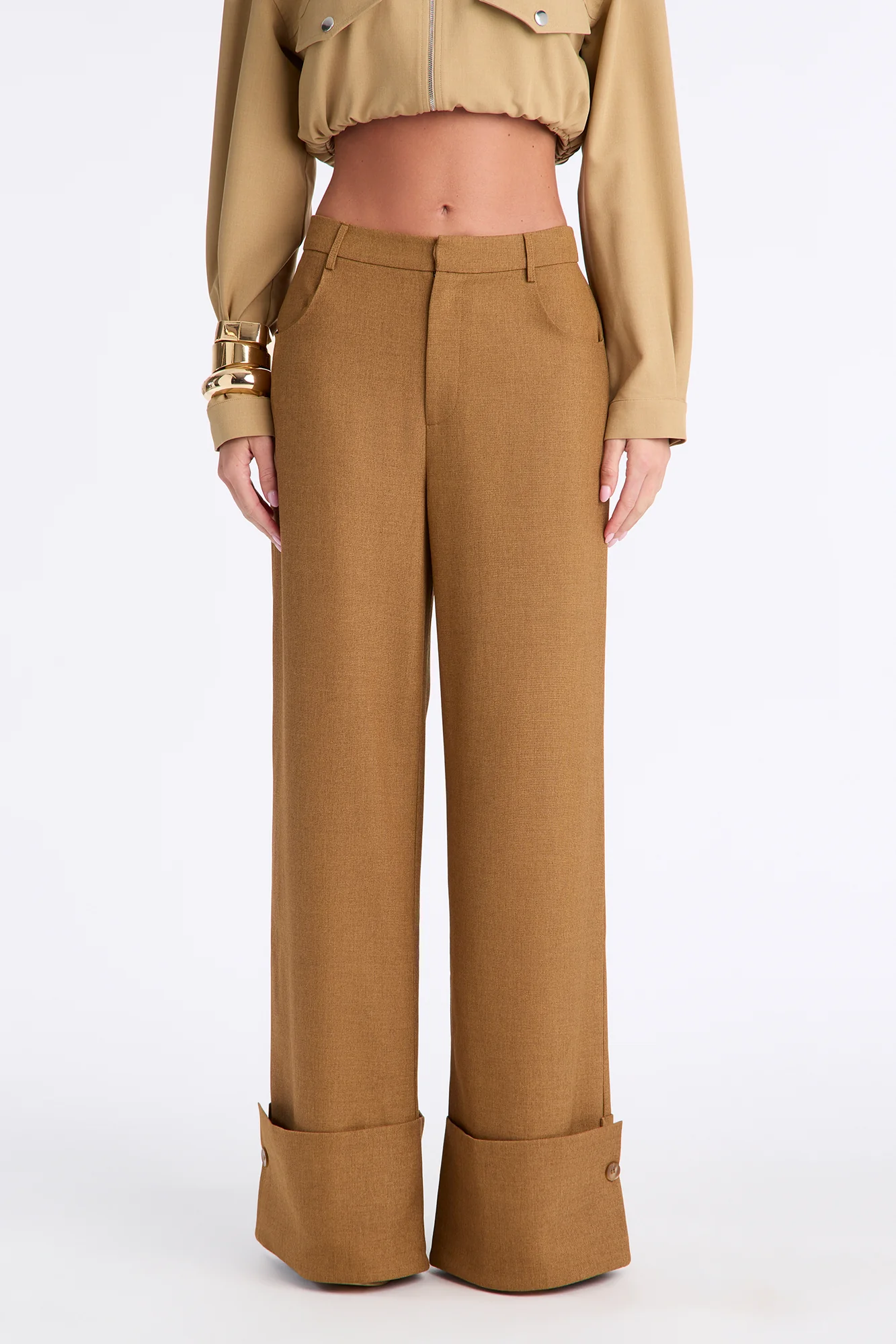 Clara High Rise Wide Leg Cuffed Trouser Pant - Brown - Image 2