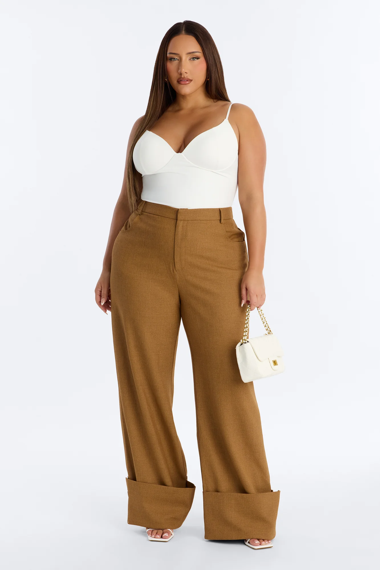 Clara High Rise Wide Leg Cuffed Trouser Pant - Brown - Image 5
