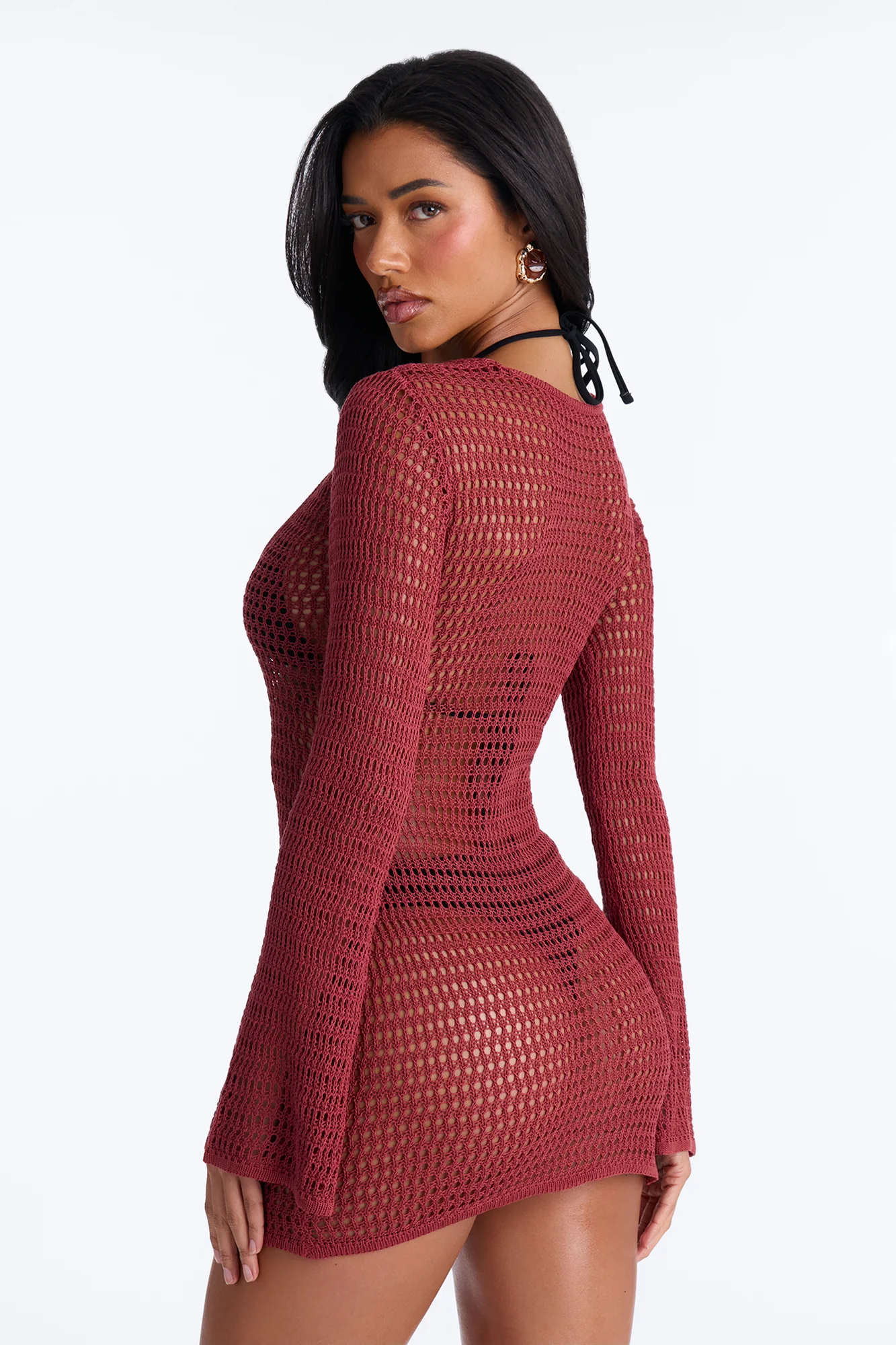 Clare Textured Long Sleeve O-Ring Swim Cover Up Dress - Burgundy - Image 3