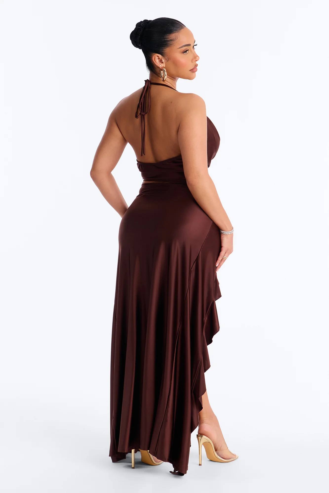 Clarissa Cowl Halter Maxi Dress - Chocolate - Image 4