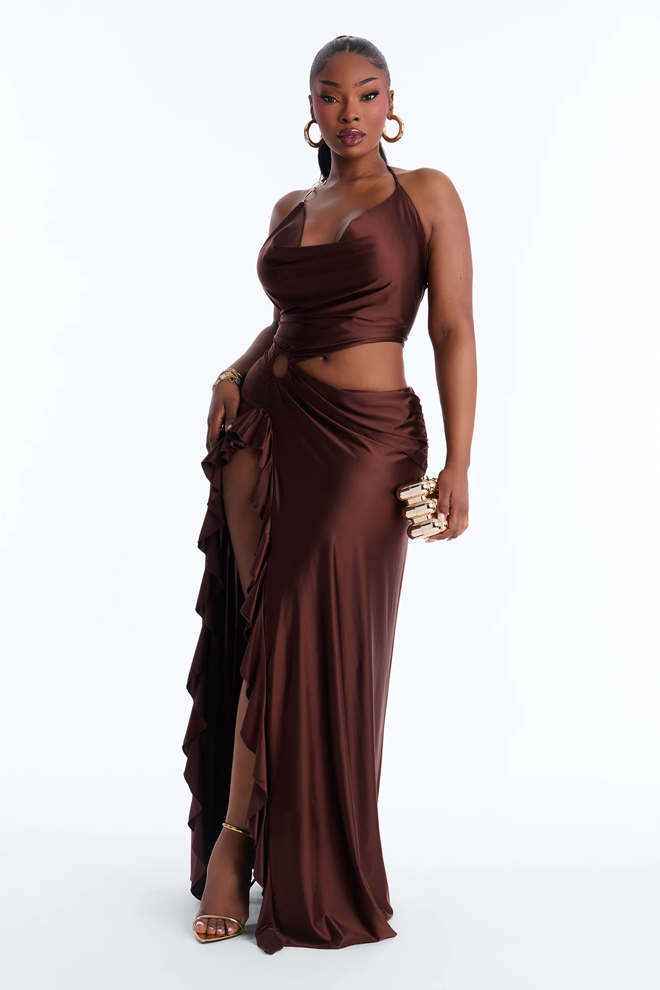 Clarissa Cowl Halter Maxi Dress - Chocolate - Image 5