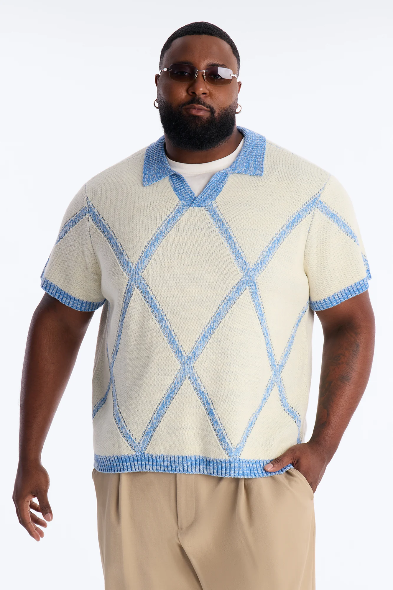 Classic Argyle Knit Polo - Cream - Image 5