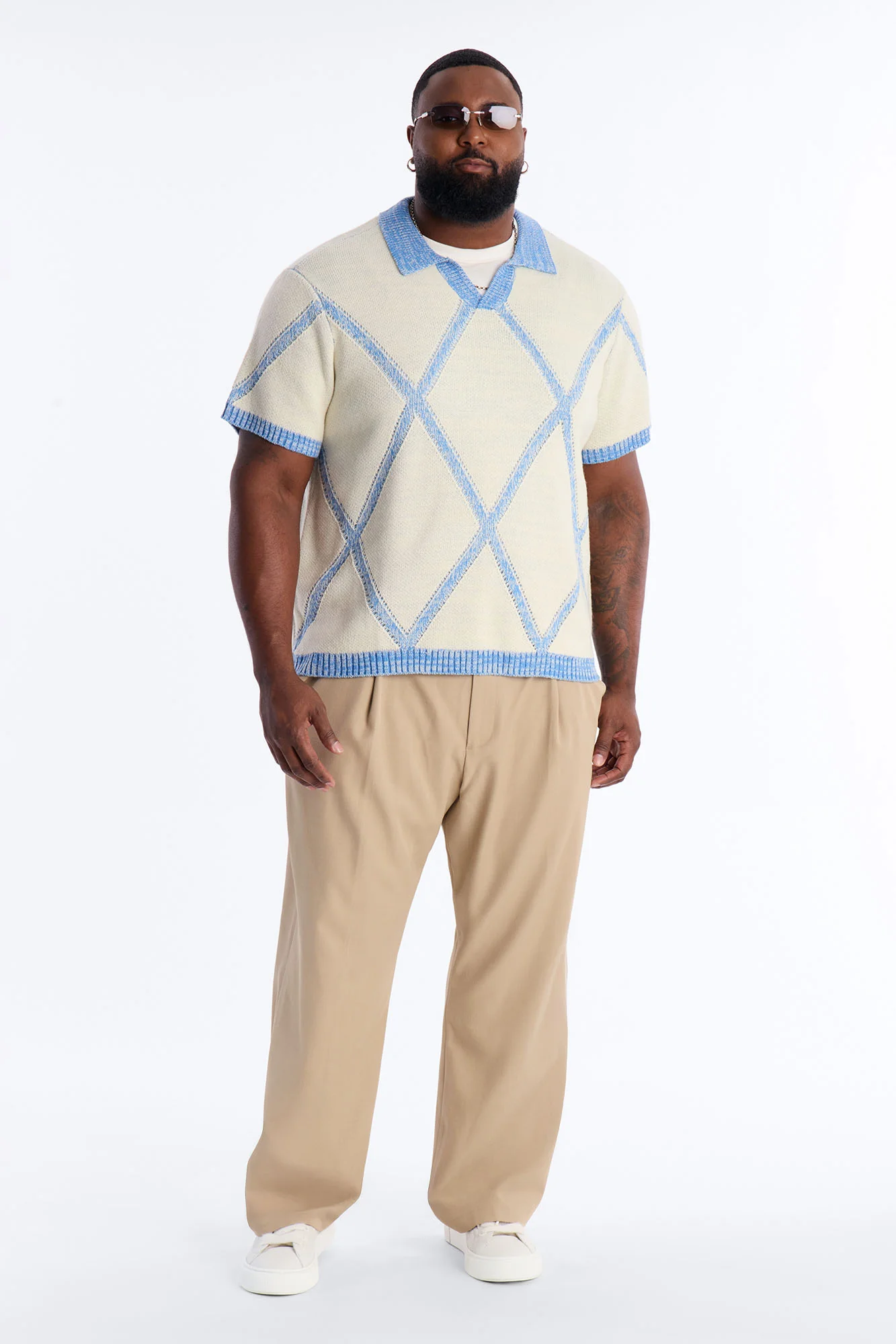Classic Argyle Knit Polo - Cream - Image 6