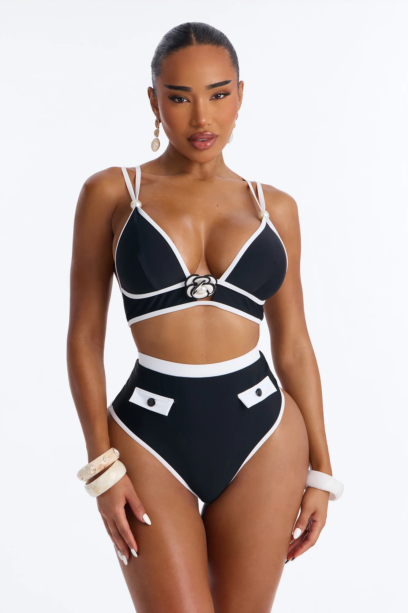 Classic Chic Summer Pearl Flower Bralette Bikini Set - Black/White