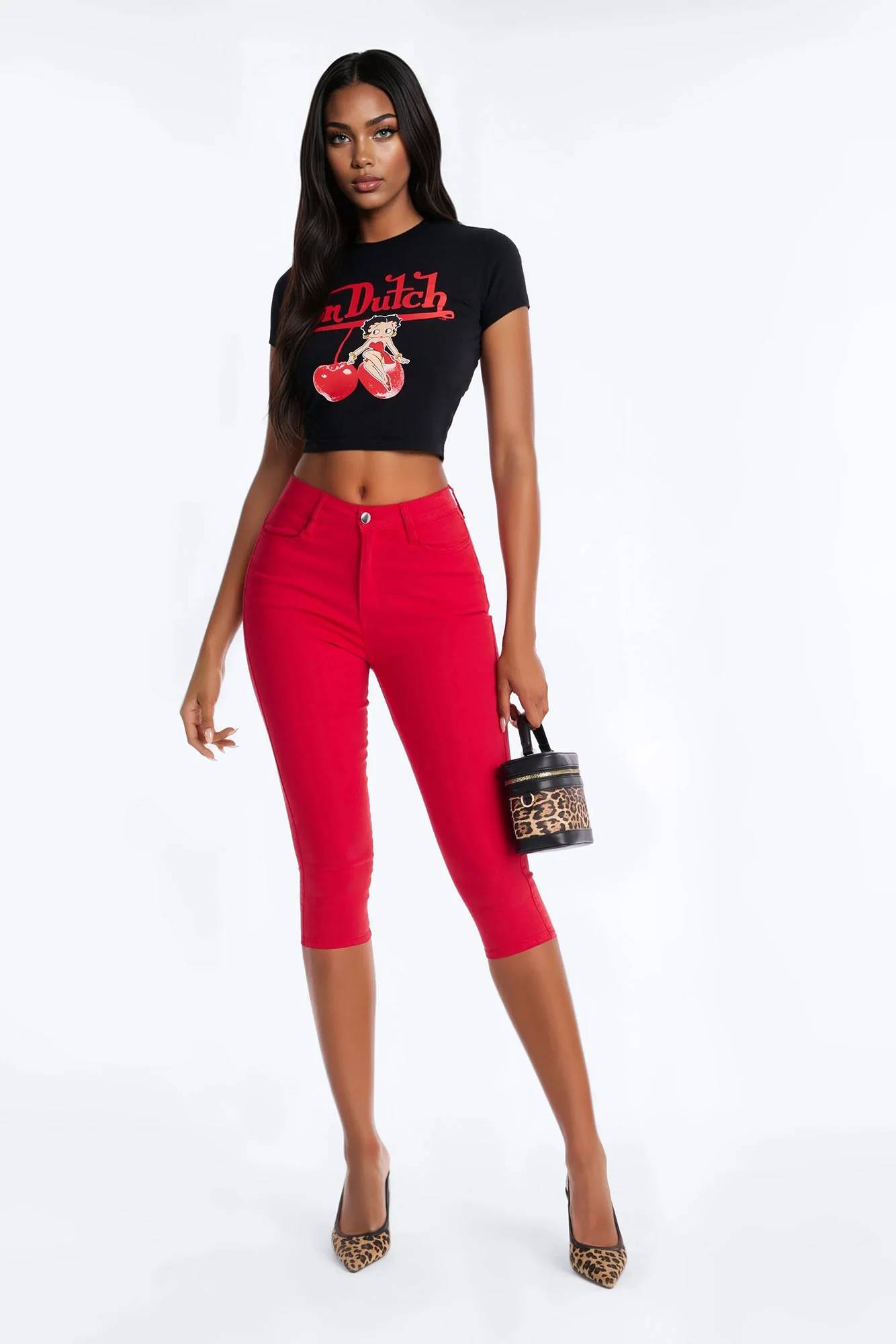 Classic Color High Waist Capri Jeans - Red