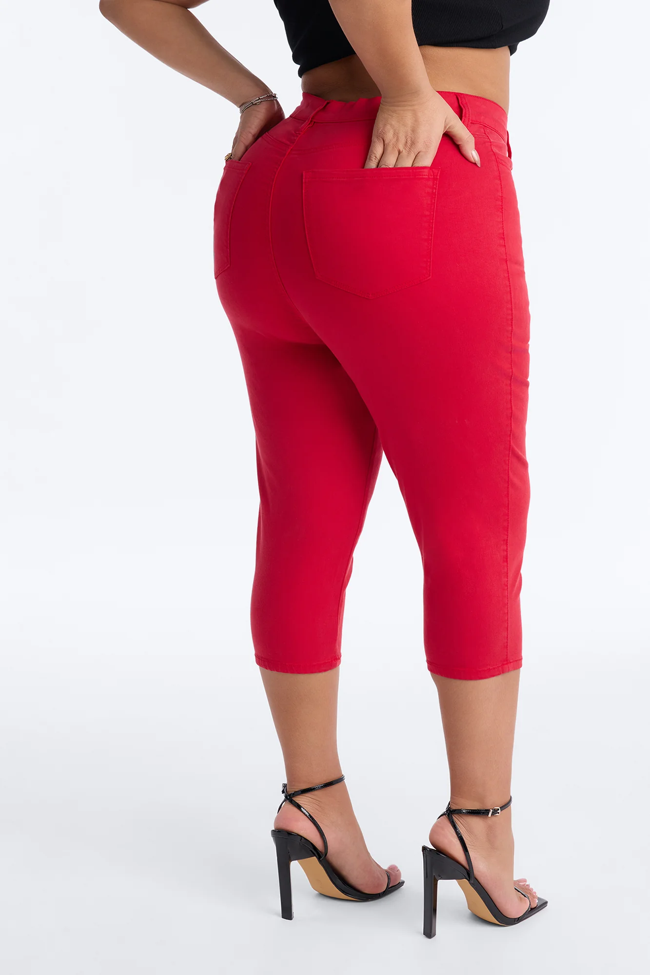 Classic Color High Waist Capri Jeans - Red - Image 6