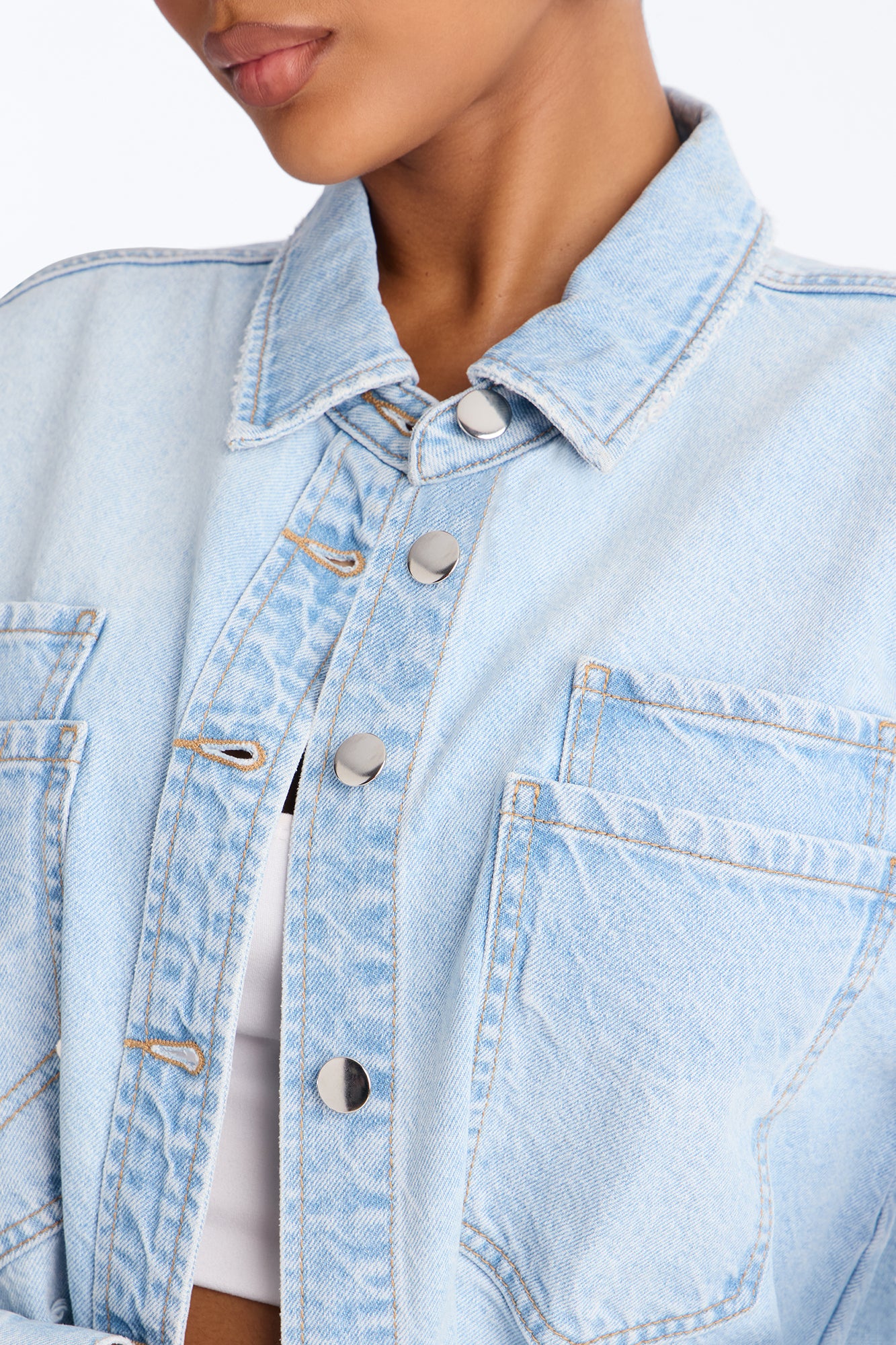 Clean Break Double Pocket Denim Shacket - Light Wash - Image 3