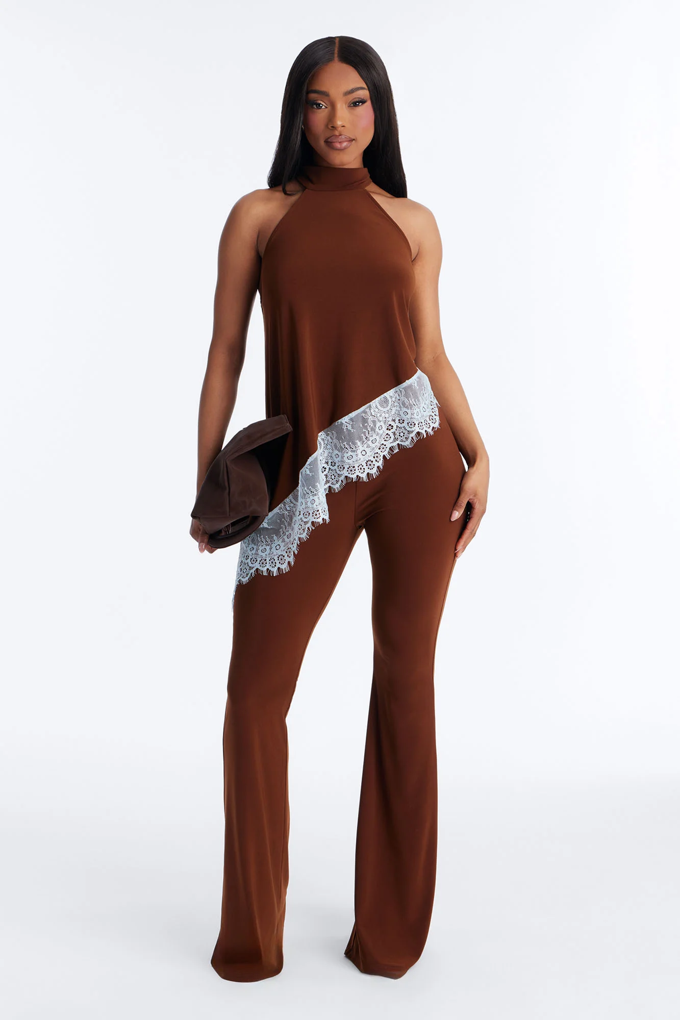 Clean Slate Lace Trim Pant Set - Brown