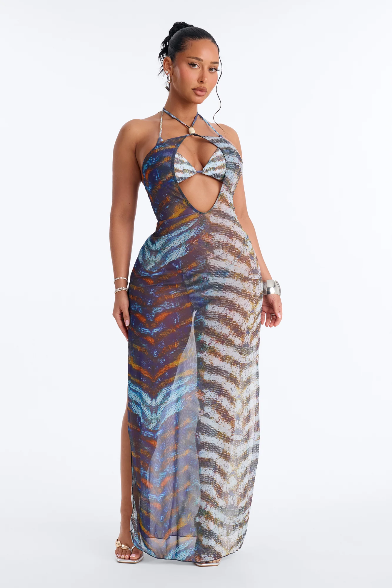 Cleo Animal 3 Piece Triangle Bikini & Mesh Cover Up Maxi Dress Sunsuit - Multi Color