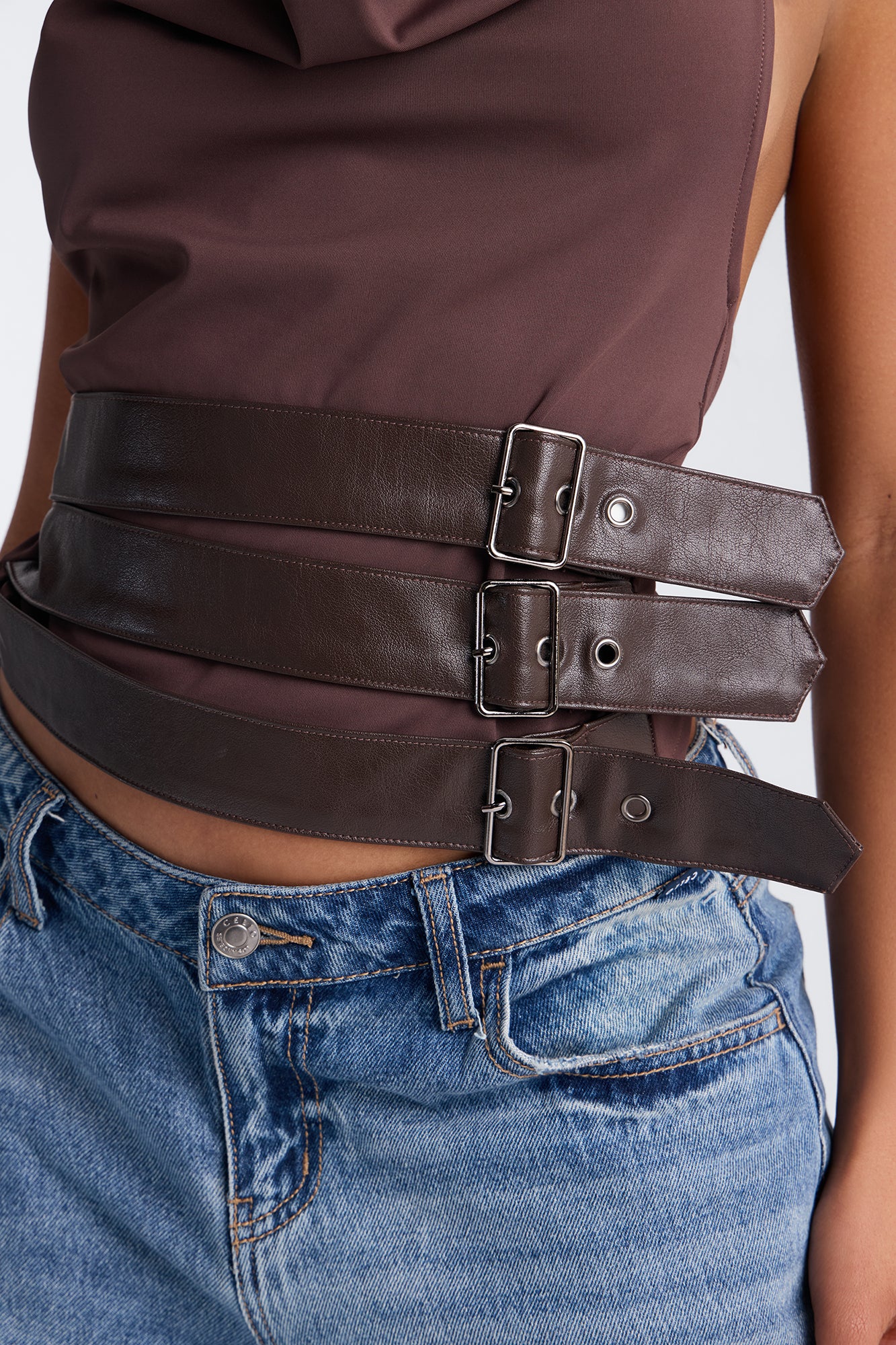 Cleo Cowl Neck Belted Halter Top - Brown - Image 3