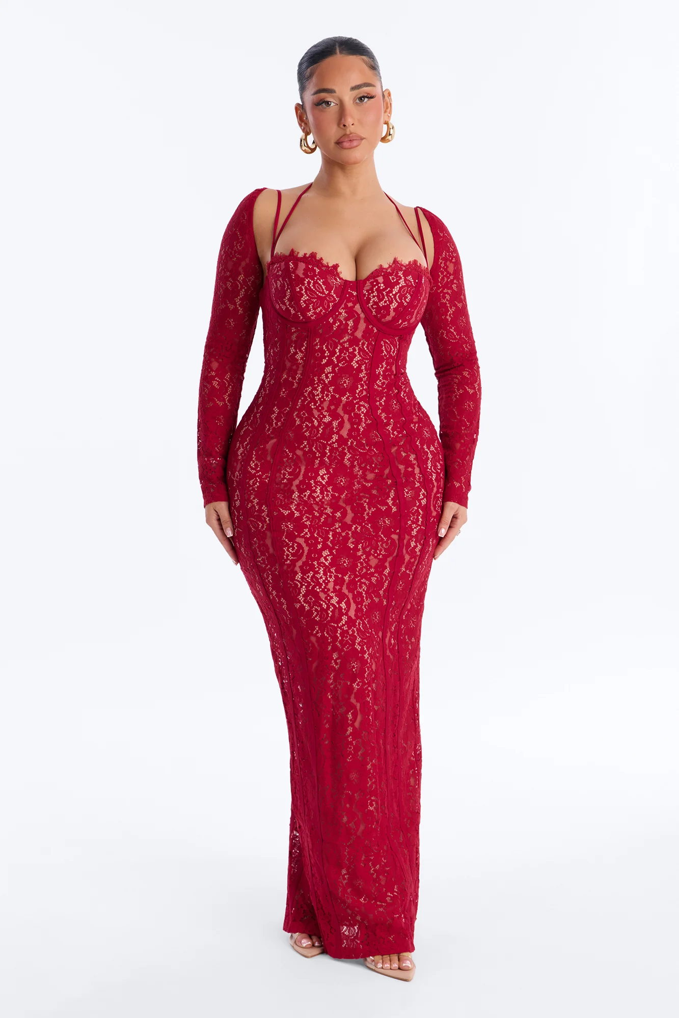 Cleo Long Sleeve Lace Maxi Dress - Red