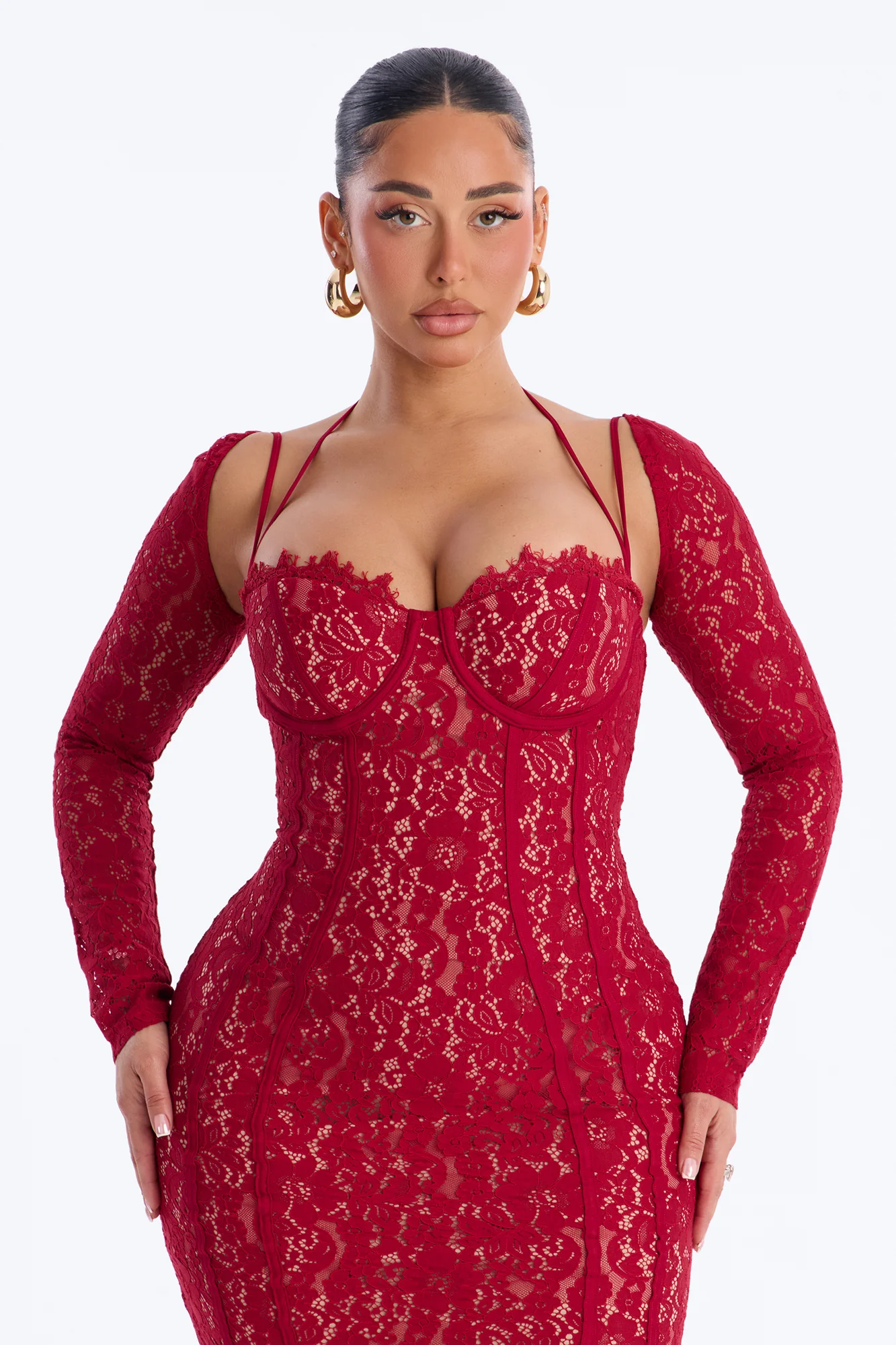 Cleo Long Sleeve Lace Maxi Dress - Red - Image 2