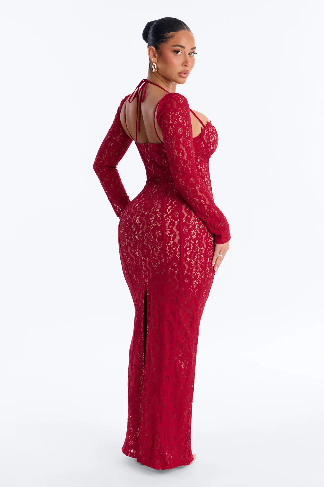 Cleo Long Sleeve Lace Maxi Dress - Red - Image 4