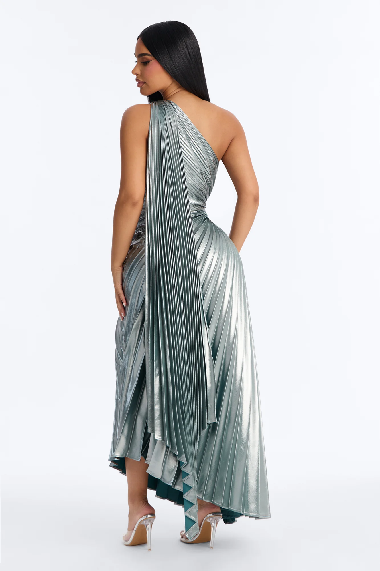 Cleo Pleated Metallic Gown - Teal - Image 4