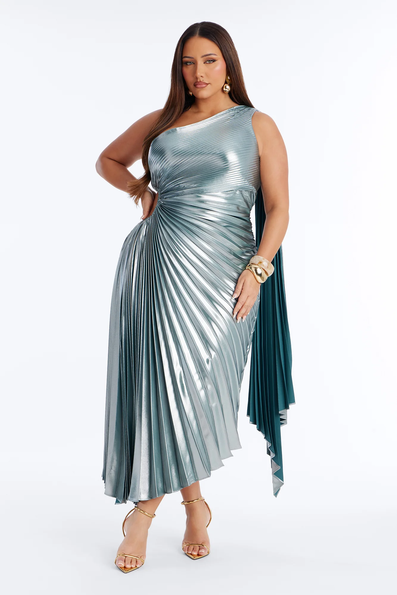 Cleo Pleated Metallic Gown - Teal - Image 5