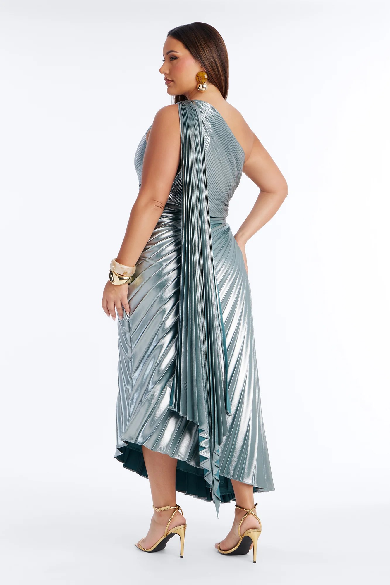 Cleo Pleated Metallic Gown - Teal - Image 7