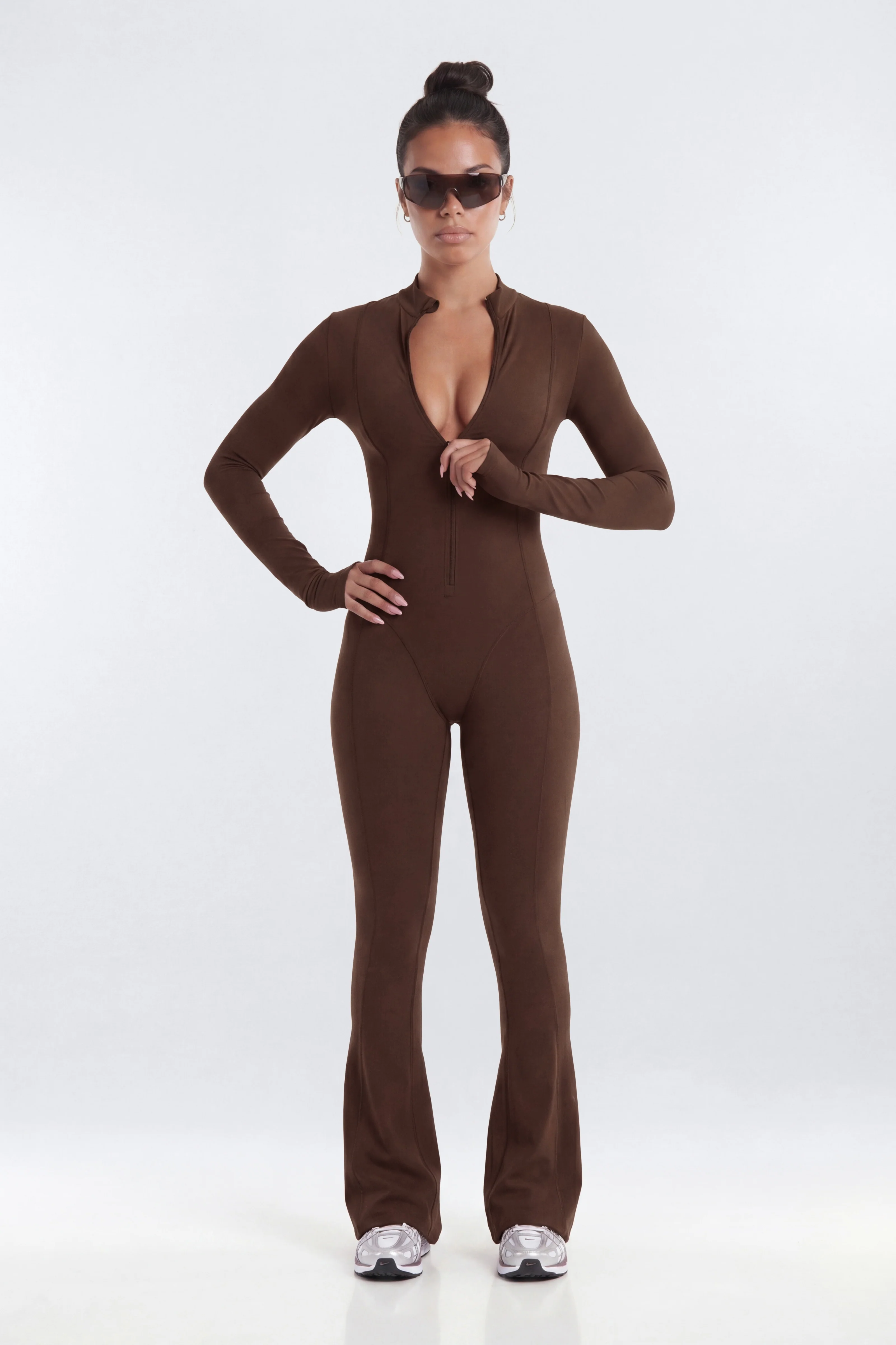 CloudForm™ 32″ Mock Neck Long Sleeve Flare Jumpsuit - Brown