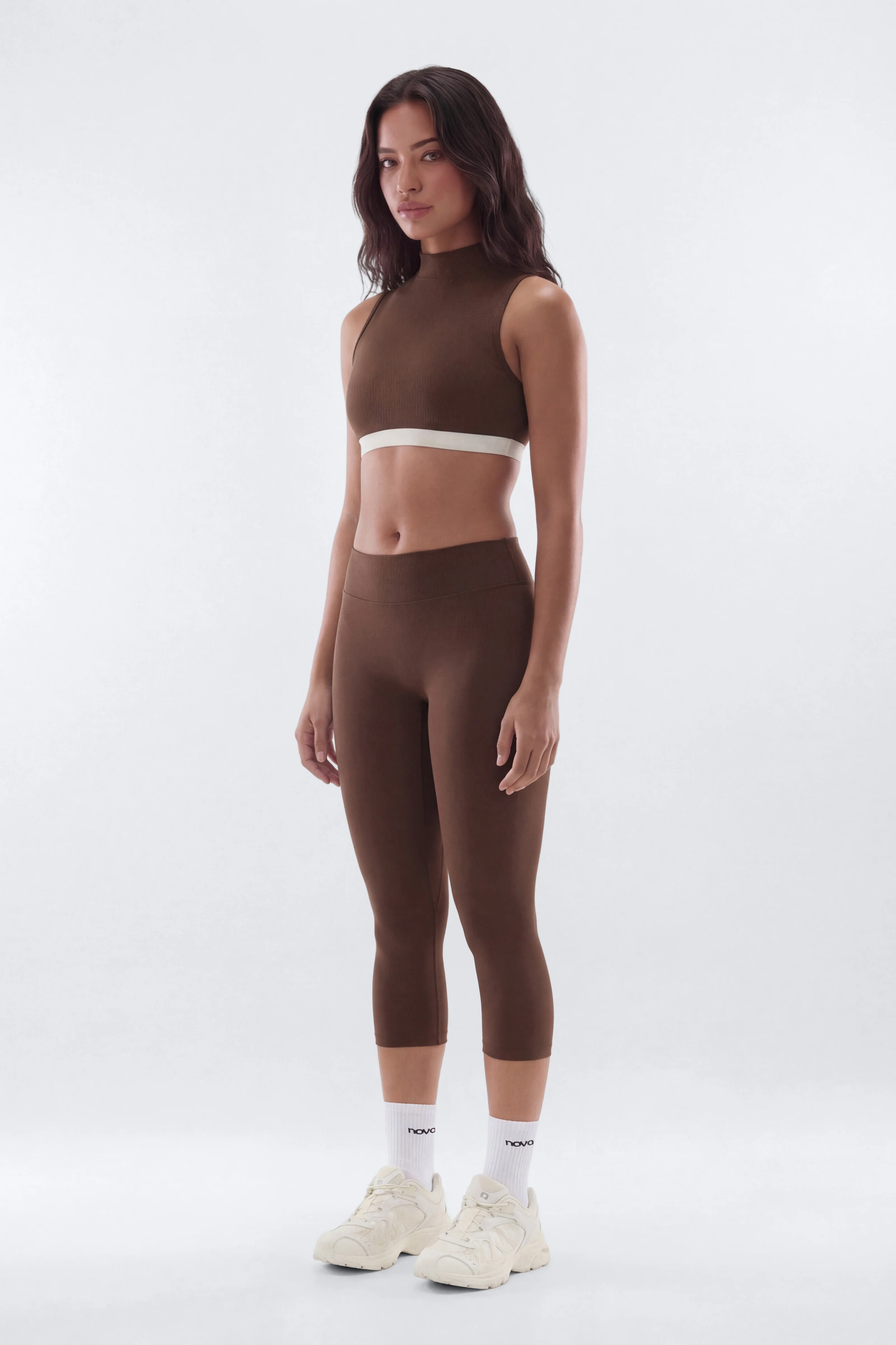 CloudForm™ High Neck Contrast Sports Top - Brown Combo - Image 2