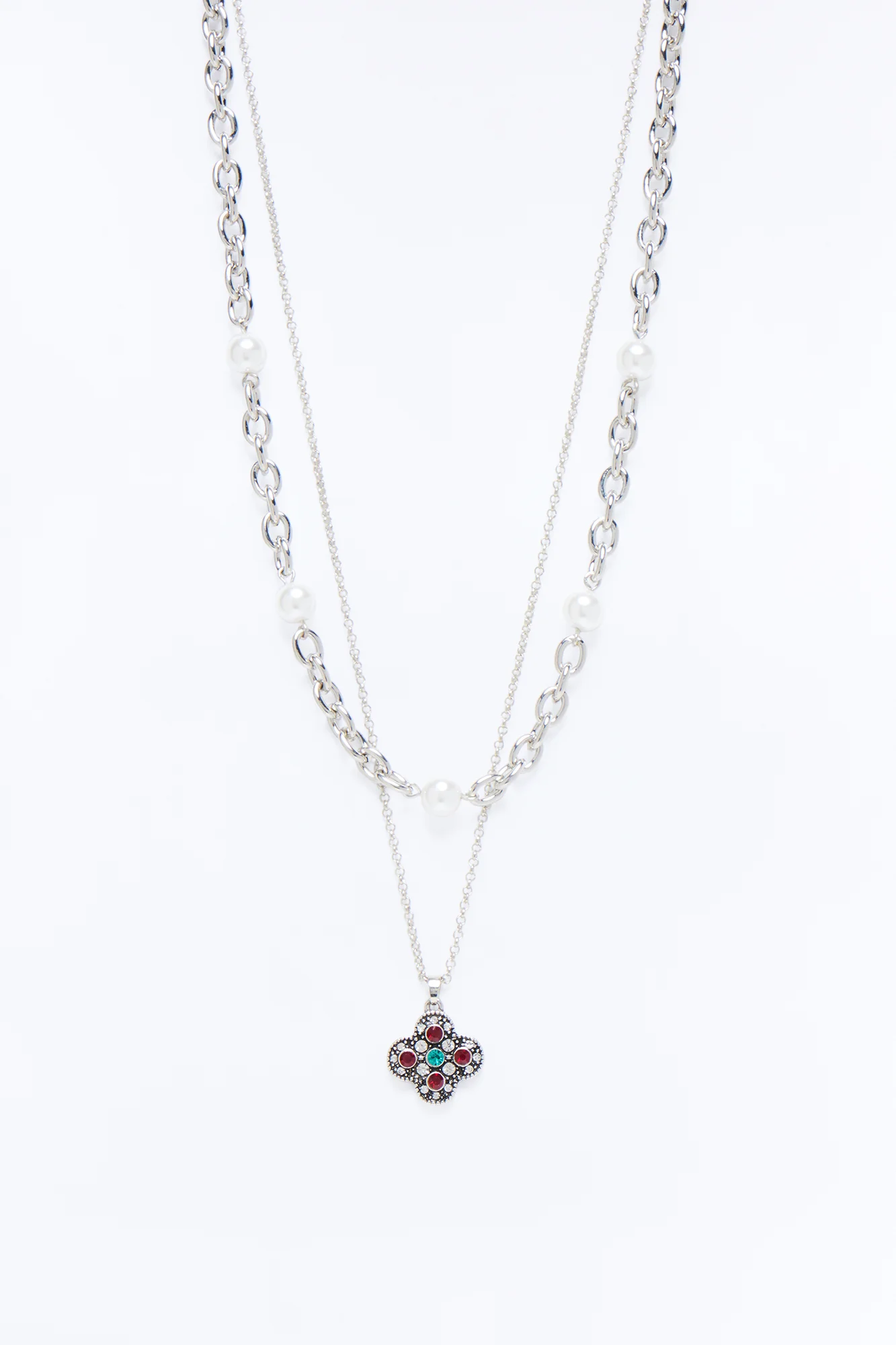 Clover And Pearls Chain Necklace Set - Silver