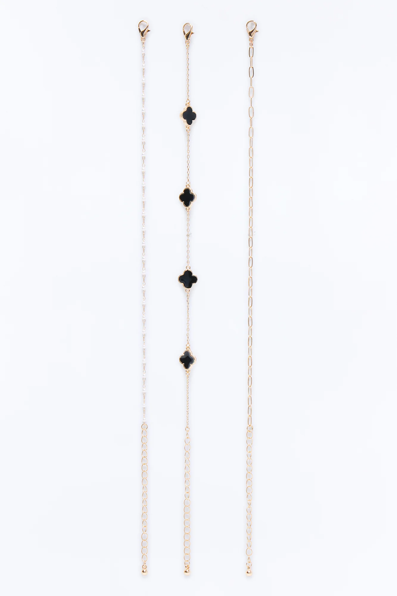 Clovers And Pearls 3 Piece Anklet Set - Gold/Black