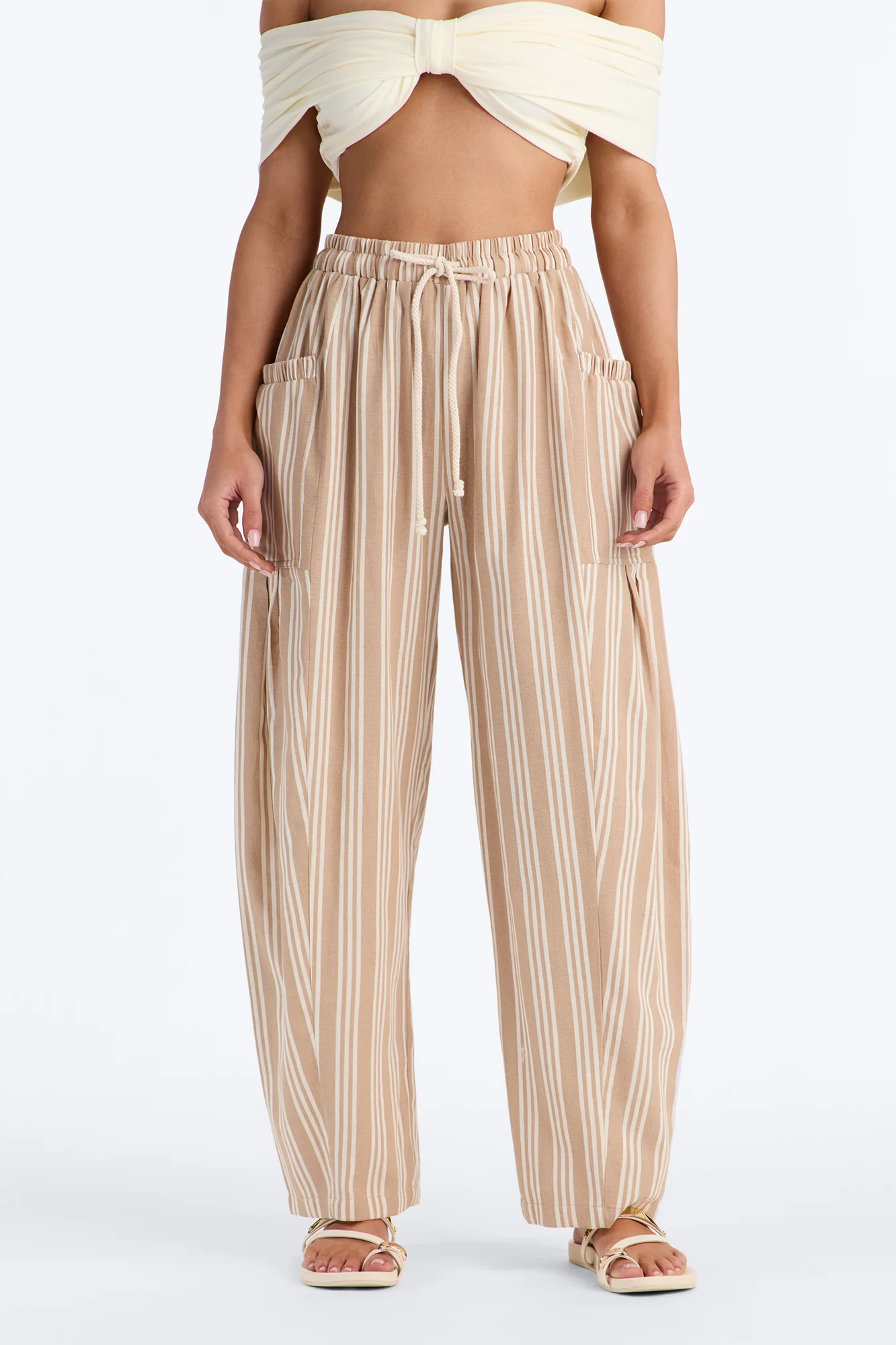 Coastal Barrel Leg Striped Pants - Taupe - Image 2
