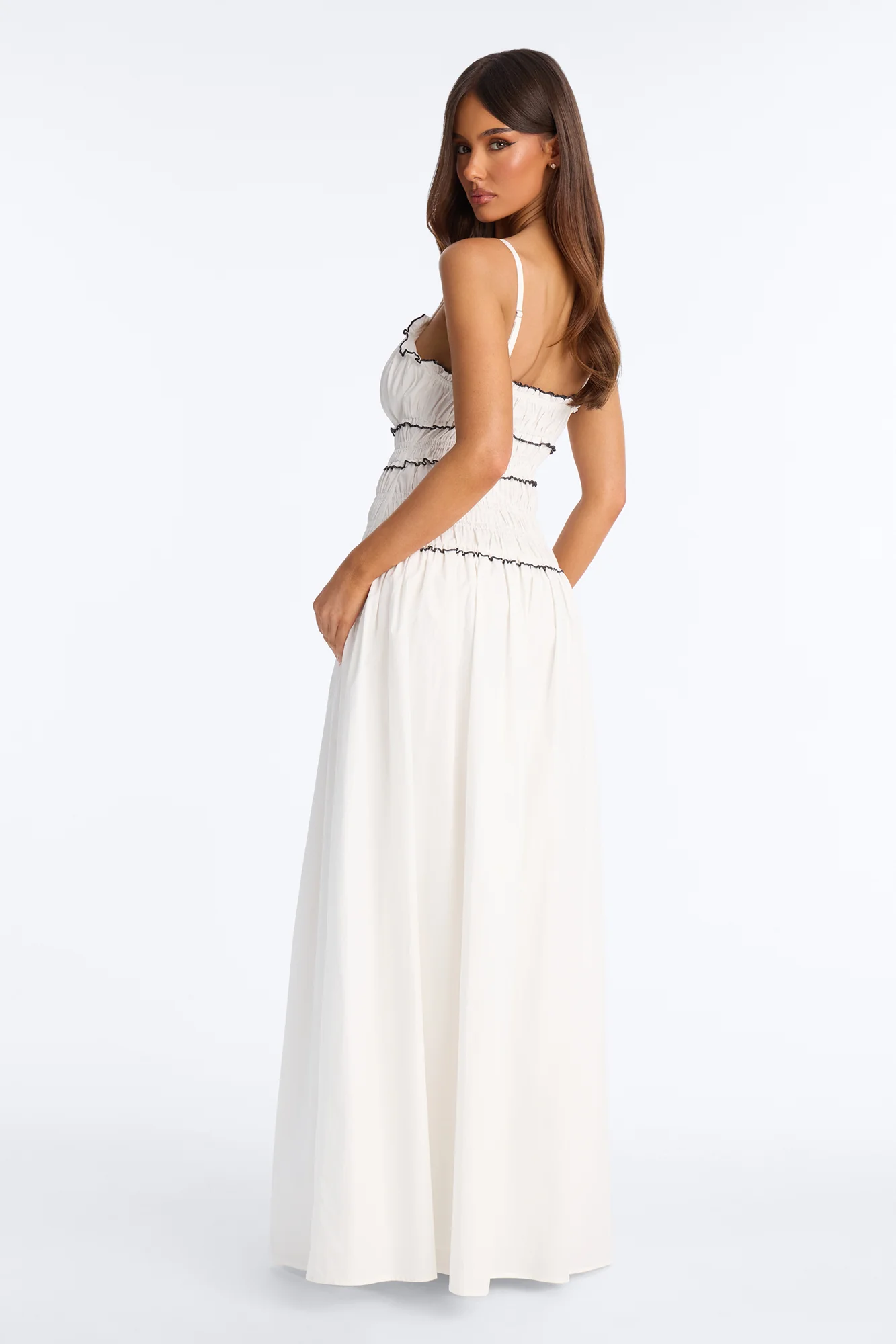 Coastal Breeze Ruched Maxi Dress - White/Black - Image 3