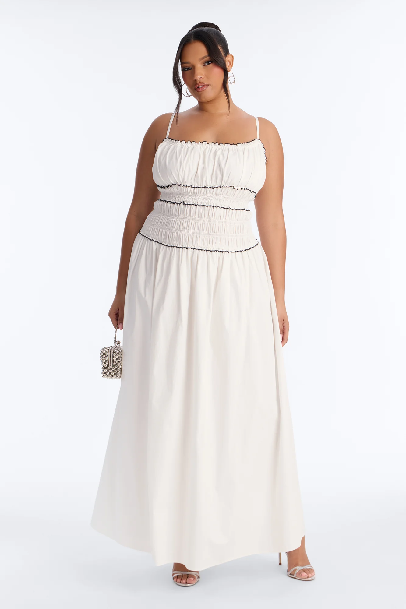 Coastal Breeze Ruched Maxi Dress - White/Black - Image 4