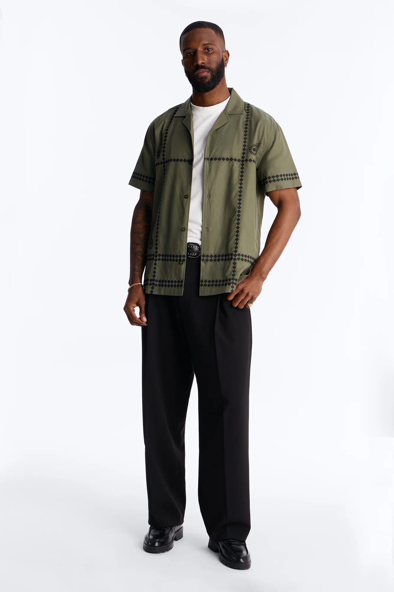 Coastal Embroidered Cuban Collar Button Up Shirt - Olive - Image 3