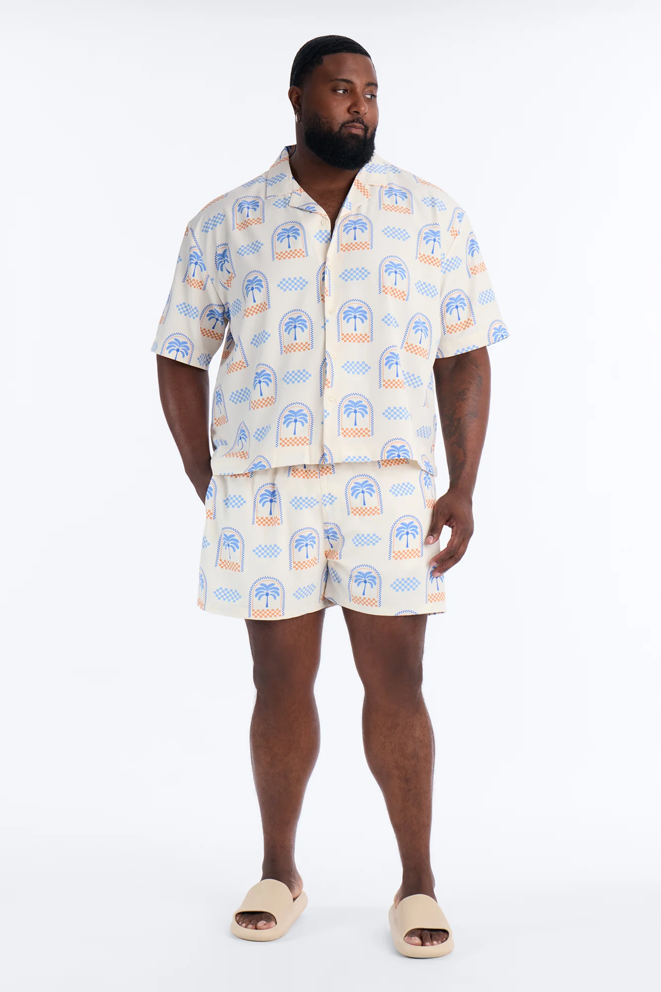 Coastal Palm Grid Cuban Collar Button Up Shirt - White/Blue - Image 6