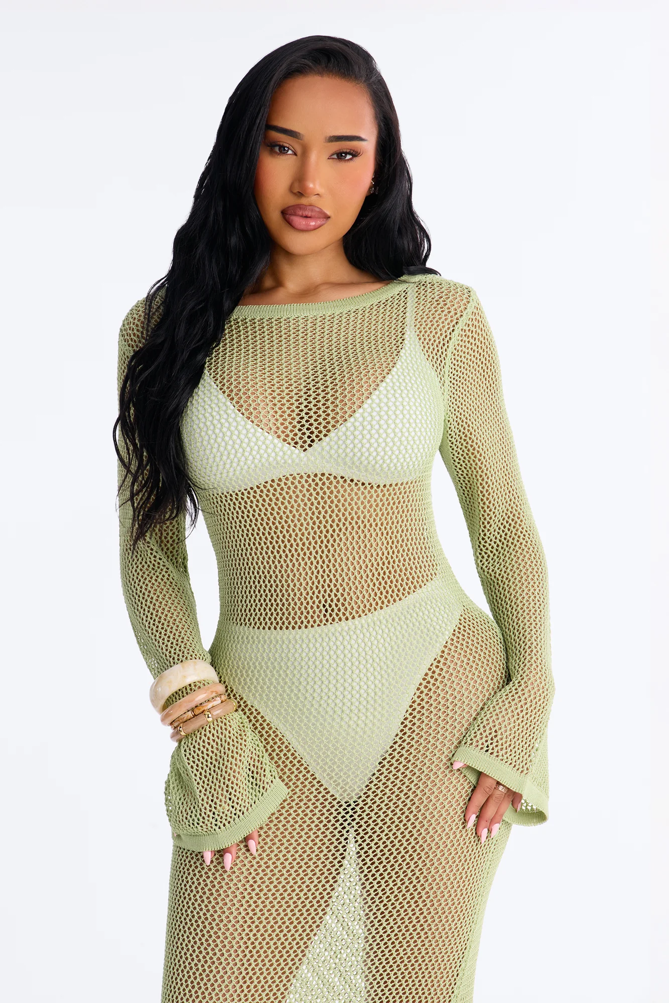 Coastal Veil Crochet Cover Up Bell Sleeve Dress - Sage - Image 3