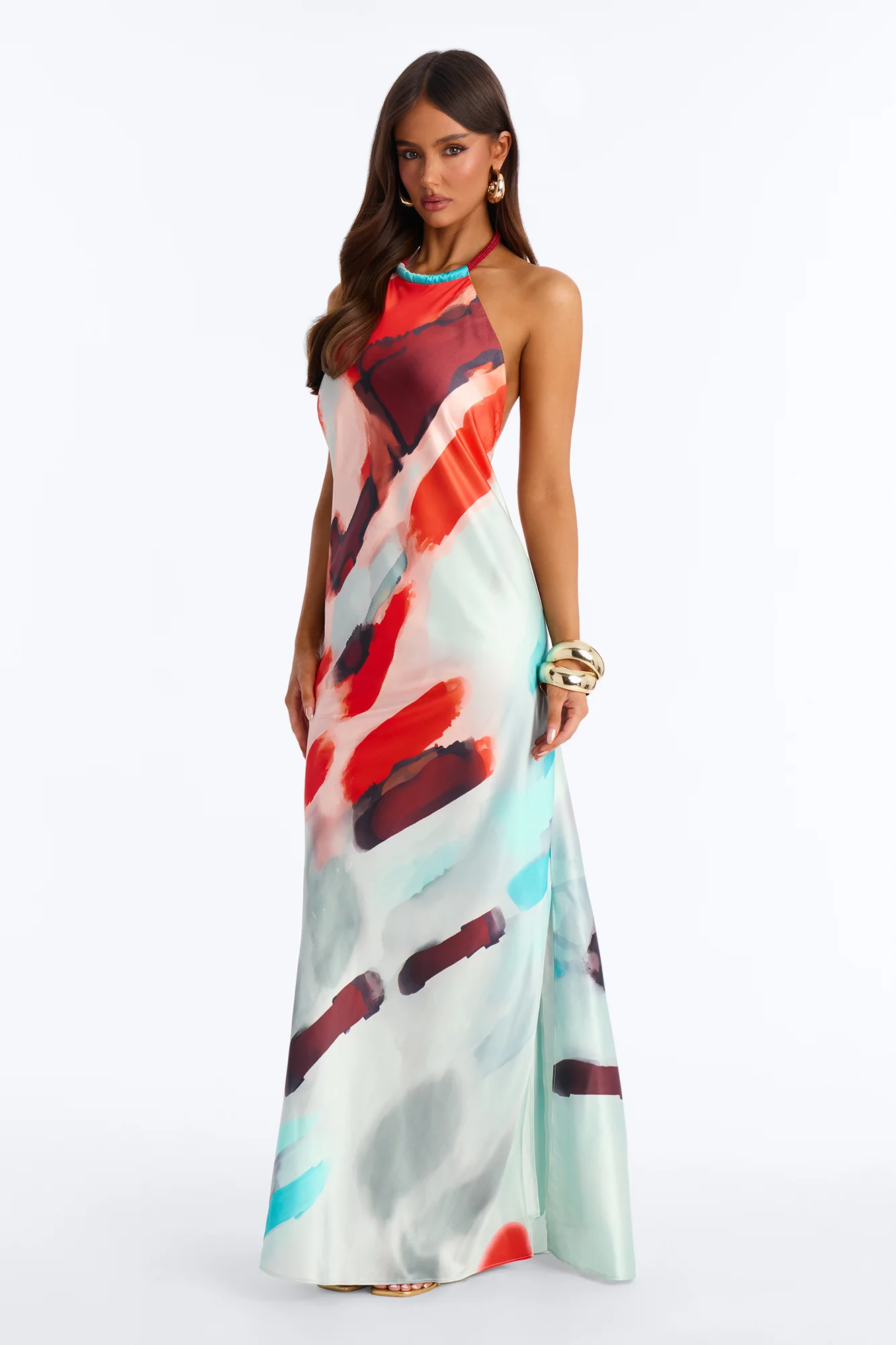 Coastal Vibe Backless Satin Maxi Dress - Red/combo