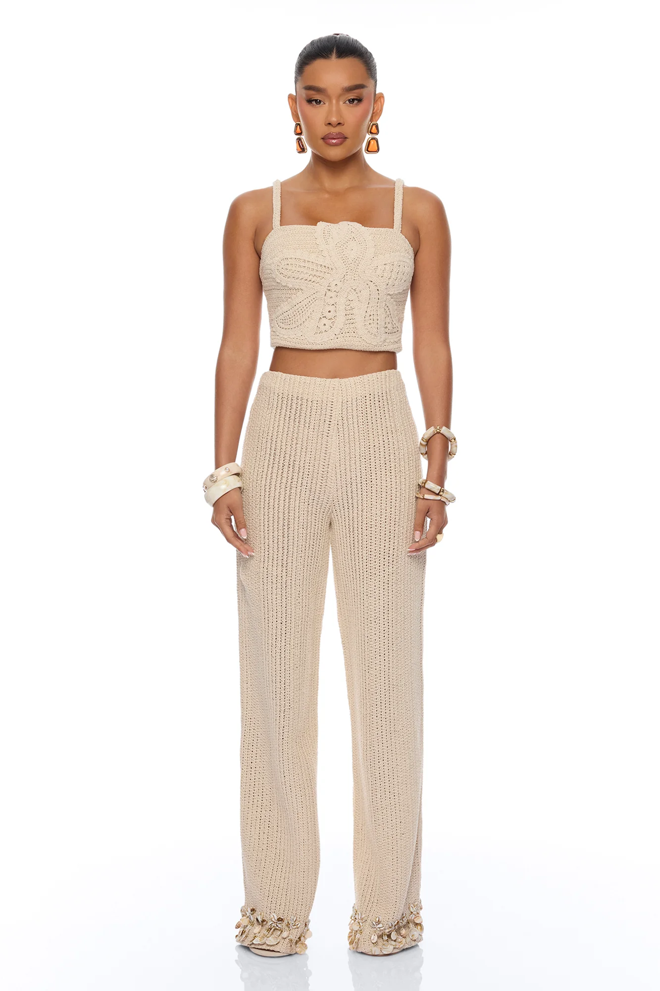 Coastal Vibe Shell Crochet Pant Set - Sand
