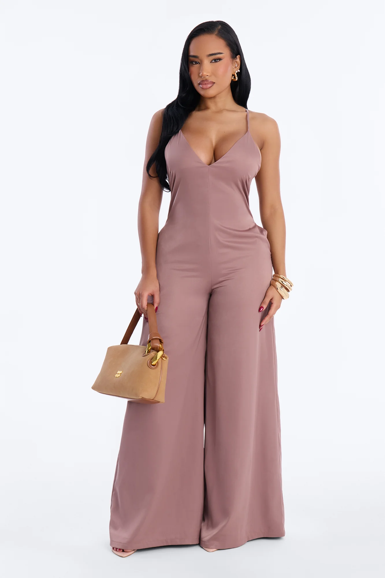Coco Satin Wide Leg Jumpsuit - Taupe