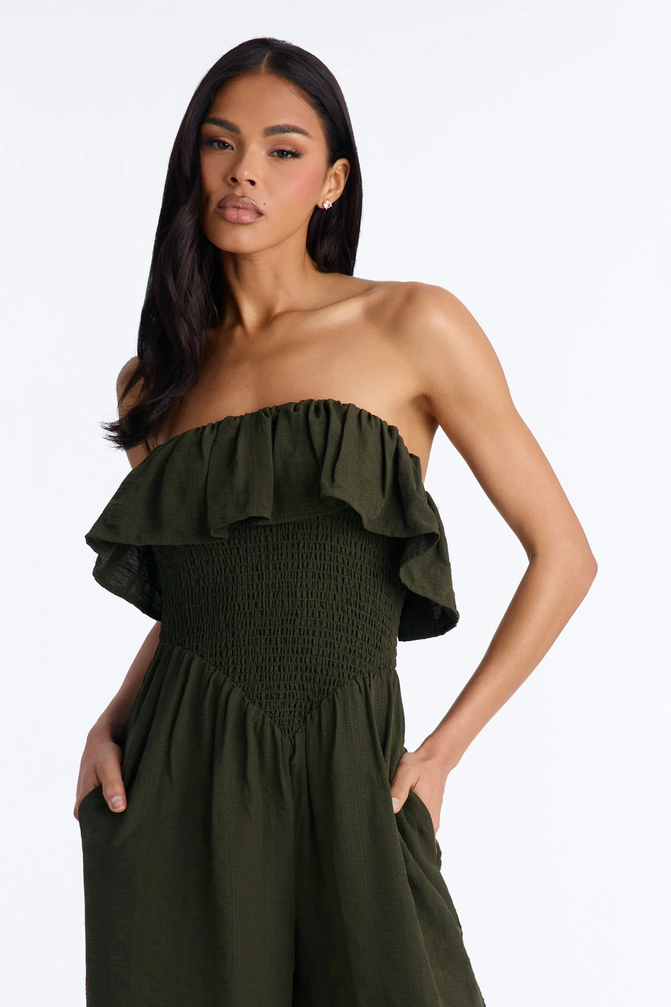 Coco Strapless Smocked Wide Leg Jumpsuit - Olive - Image 2
