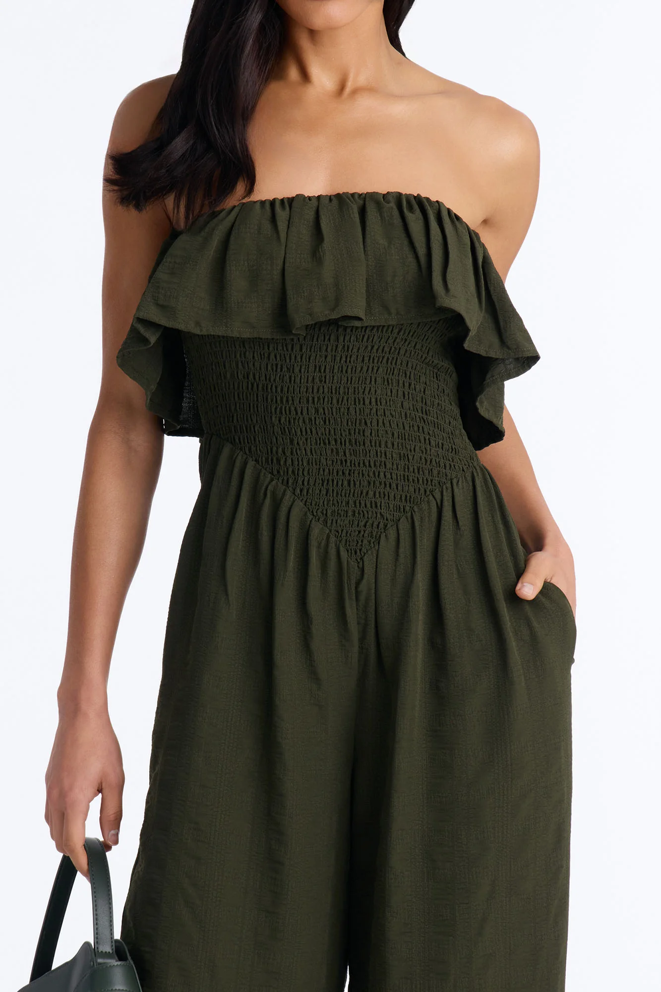 Coco Strapless Smocked Wide Leg Jumpsuit - Olive - Image 3