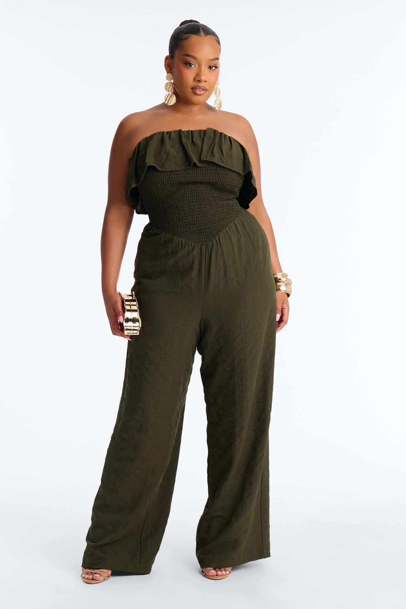 Coco Strapless Smocked Wide Leg Jumpsuit - Olive - Image 5