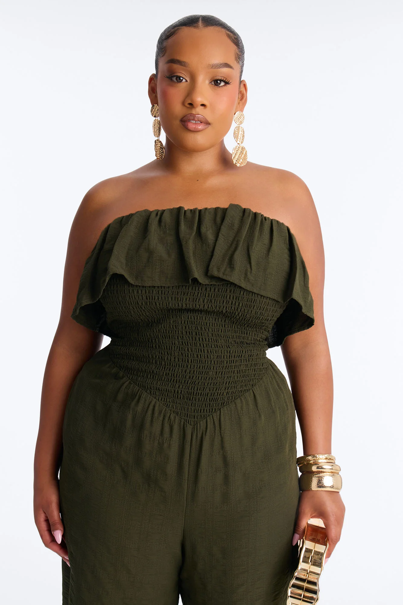 Coco Strapless Smocked Wide Leg Jumpsuit - Olive - Image 6