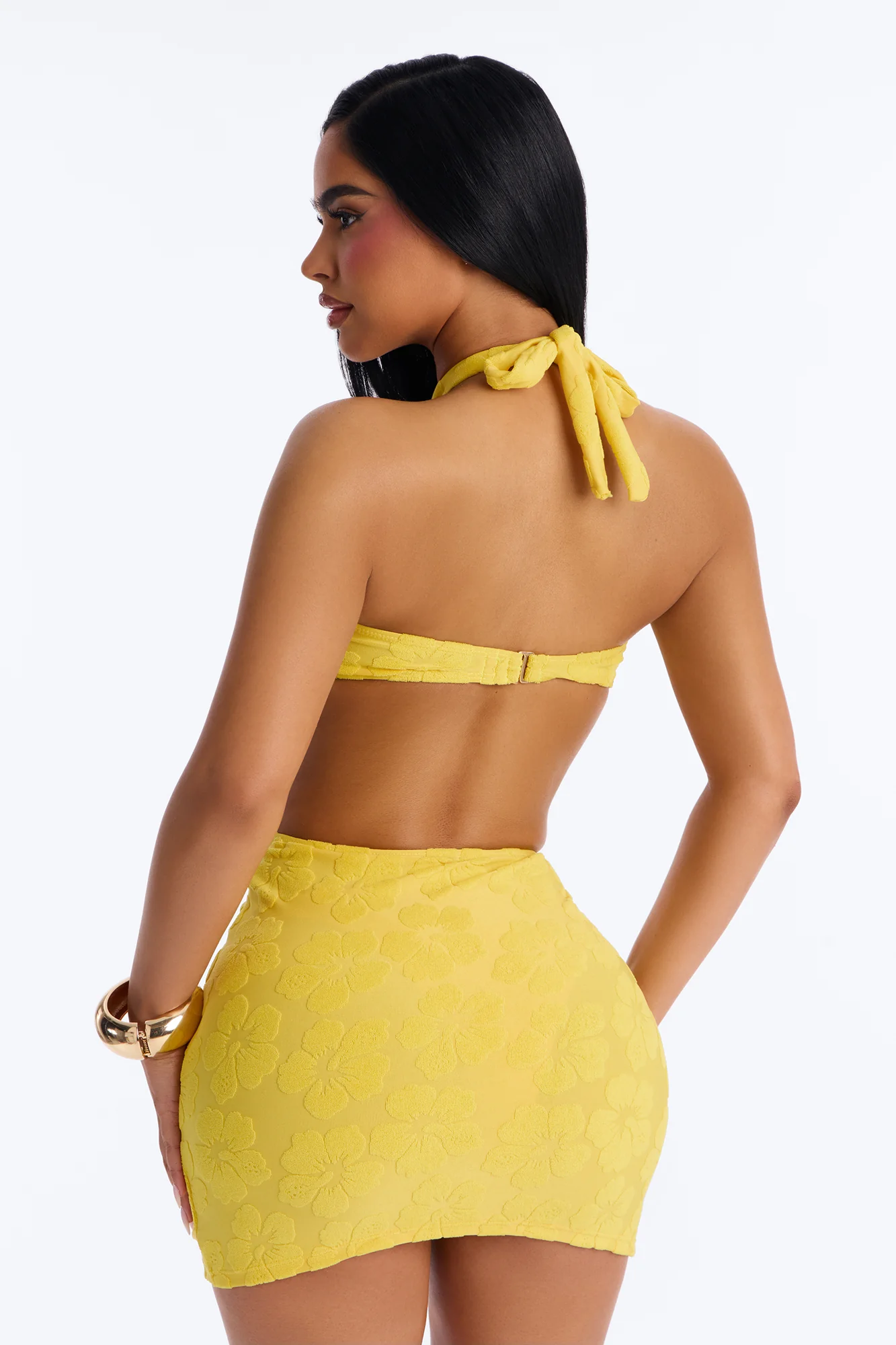 Coconut Drip Textured Hibiscus 3 Piece Bikini Skirt Set - Yellow - Image 5