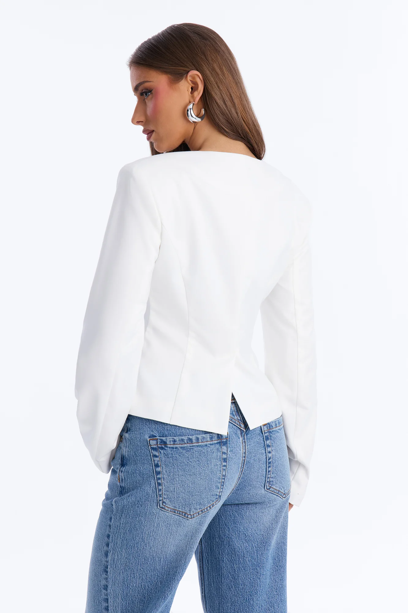 Collarless Cinched Everyday Blazer - Ivory - Image 3