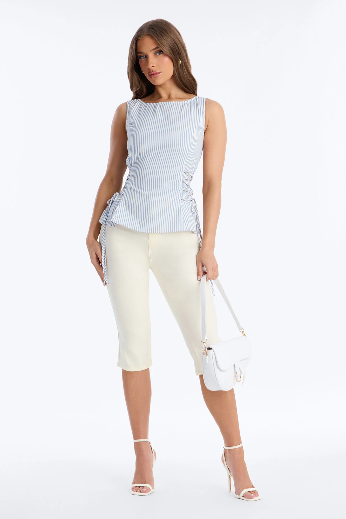 Collecting Sunsets Lace Up Pinstripe Top - Blue/combo - Image 2