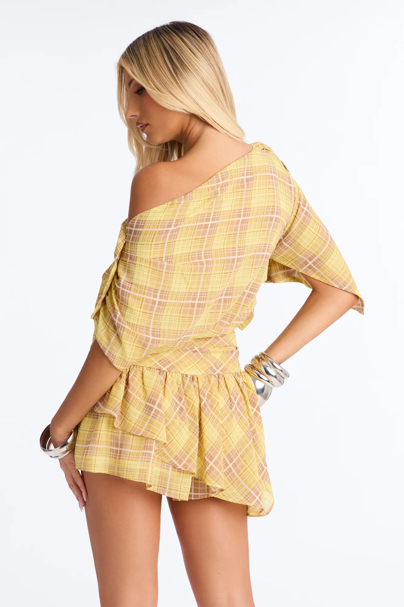 Come Closer Plaid One Shoulder Skirt Set - Yellow/combo - Image 4